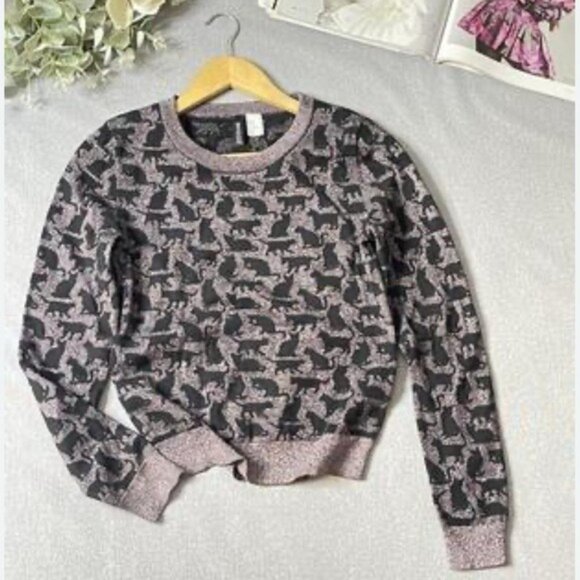 Black Cat Knit Sweater Print Jacquard Cropped Metallic Divided H&M Women’s Sz 10 - Picture 1 of 11